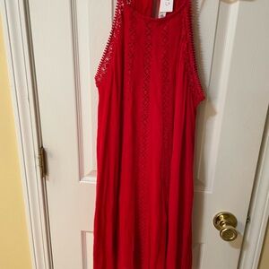 Grace Red Lace Trim Sleeveless Dress Size M ❤️ Boho Crochet Detail